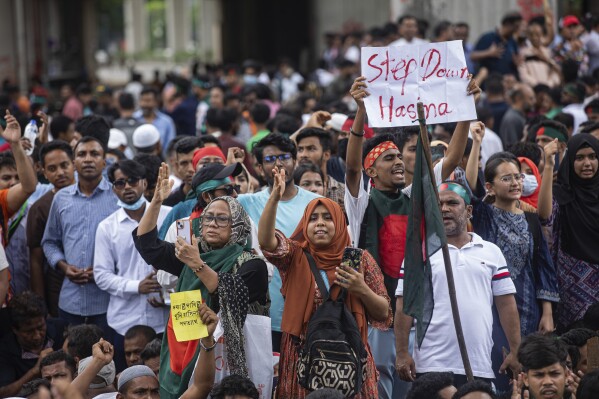 Large crowds of young protesters in Bangladesh demonstrating in public streets